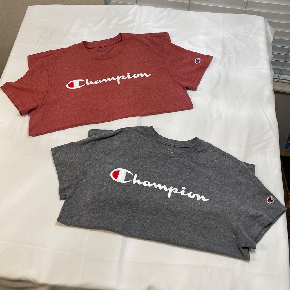 Lot of 2 Champion Men's Large Script Logo Graphic T-Shirts Gray Red Short Sleeve